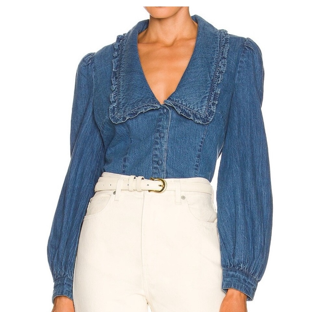 Bardot XS frill-collar denim chambray shirt
